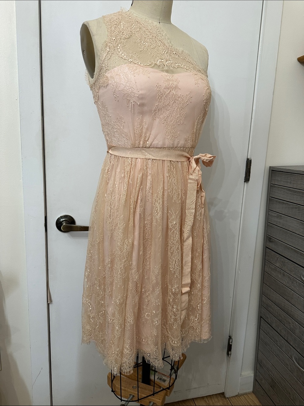 One-Shoulder Lace A-Line Dress in Blush - Picture 2 of 13